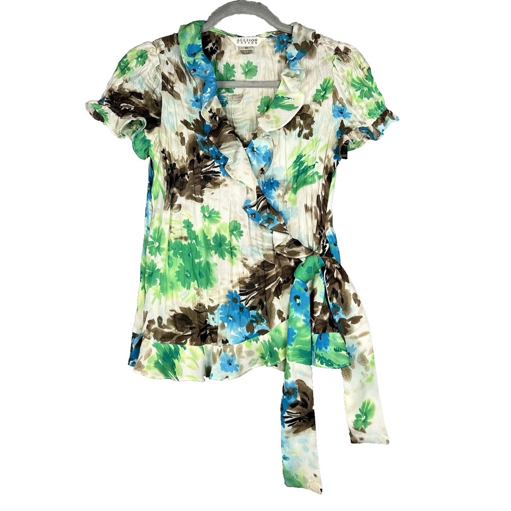 ALLISON TAYLOR Women's Blouse‎ Size XS Floral Wrap Flutter Sleeves Career Office